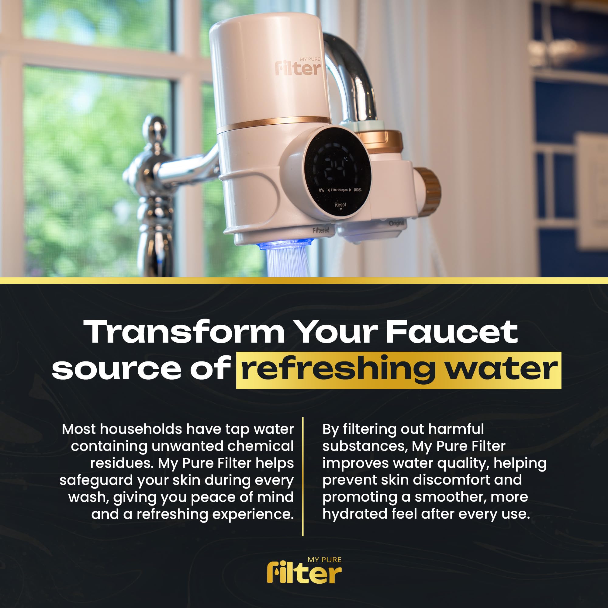 Faucet Filter – 20-Stage Water Purification with 5 Replacement Cartridges – Reduces Chlorine and Fluoride – with Vitamins C, E, and A for Fresher-Looking Skin, Hair, and Nails – White – My Purefilter